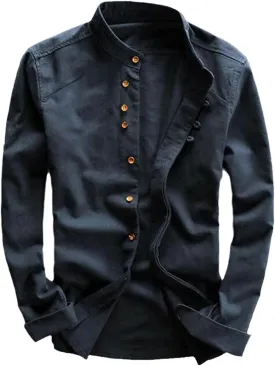 Men's Cotton Linen Shirt Long Sleeve Casual Slim Mandarin Collar Shirt Summer Beach Shirt