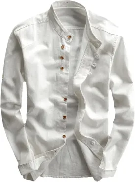Men's Cotton Linen Shirt Long Sleeve Casual Slim Mandarin Collar Shirt Summer Beach Shirt