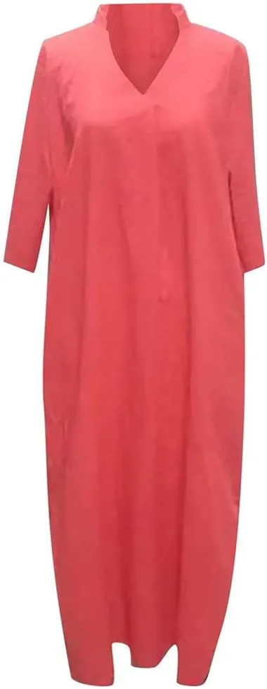 Mywinway Linen Dresses for Women Spring Summer V Neck 3/4 Sleeve Trendy Cute Maxi Shirt Shift Tshirt Dress with Pockets