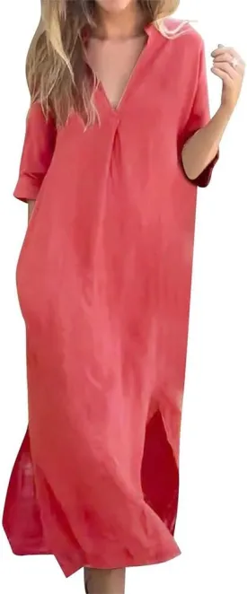 Mywinway Linen Dresses for Women Spring Summer V Neck 3/4 Sleeve Trendy Cute Maxi Shirt Shift Tshirt Dress with Pockets