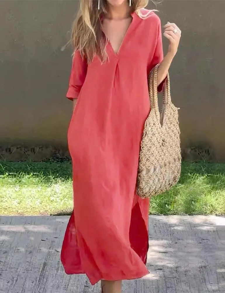 Mywinway Linen Dresses for Women Spring Summer V Neck 3/4 Sleeve Trendy Cute Maxi Shirt Shift Tshirt Dress with Pockets