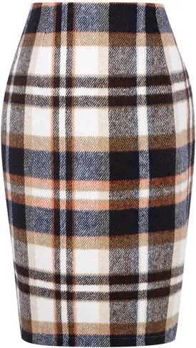 Mywinway Plaid Skirts for Women 2024 Fall Winter Knee Length Wool Pencil Skirt