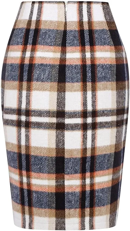 Mywinway Plaid Skirts for Women 2024 Fall Winter Knee Length Wool Pencil Skirt