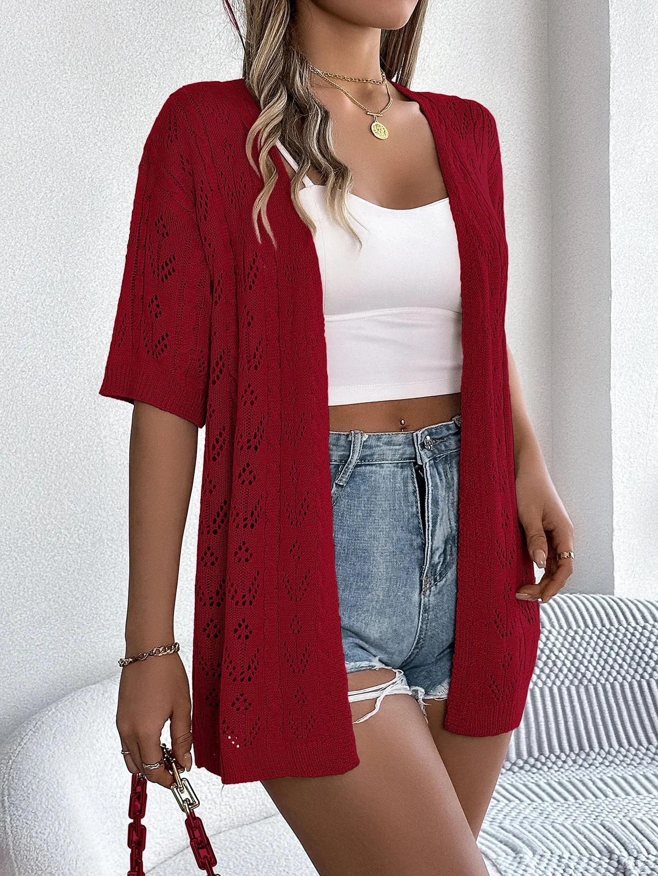Pointelle Front Summer Open Sleeve Knit Spring Solid Color Short Blouse