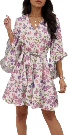 Summer Dresses for Women 2025 Casual Boho Floral Mini Elegant Half Sleeve V Neck Sundress Beach Vacation Dress