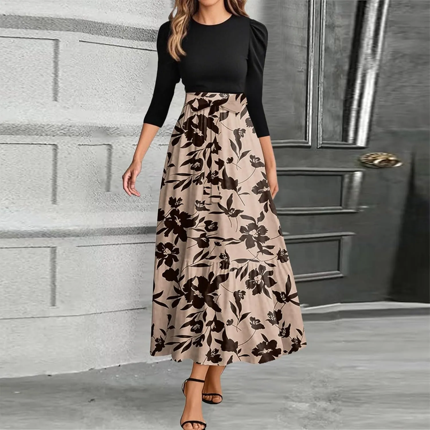 Summer Dresses for Women 2025 Elegant Classy 3/4 Length Sleeve Patchwork Flowy A Line Work Dresses Wedding Guest Wrap