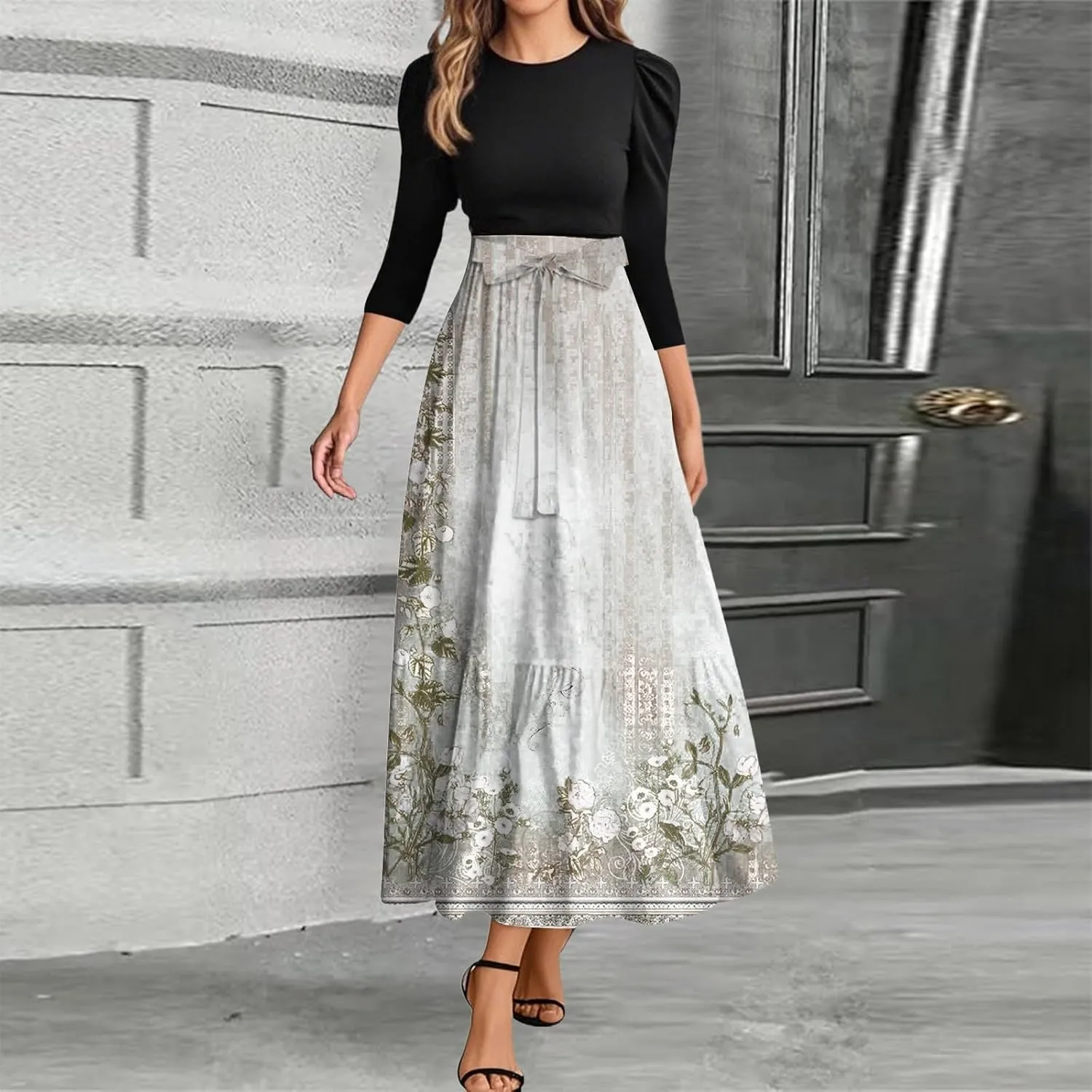 Summer Dresses for Women 2025 Elegant Classy 3/4 Length Sleeve Patchwork Flowy A Line Work Dresses Wedding Guest Wrap