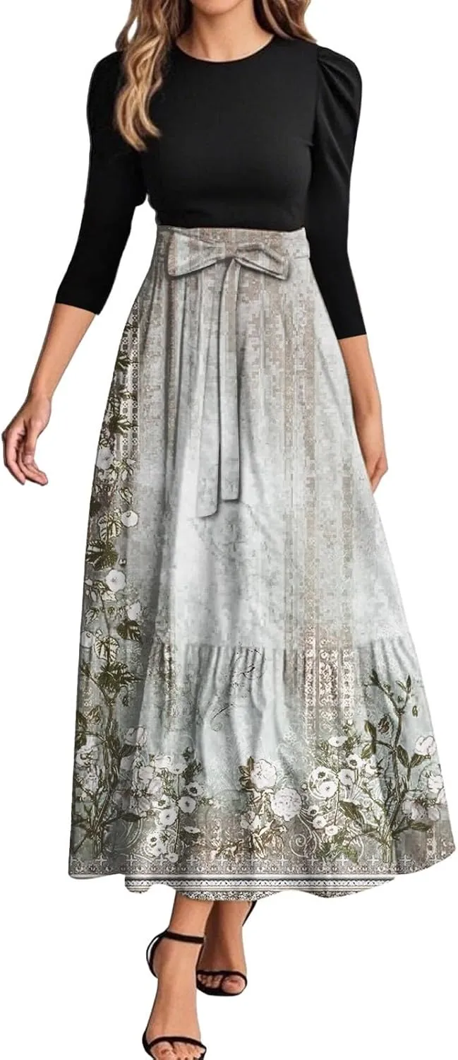 Summer Dresses for Women 2025 Elegant Classy 3/4 Length Sleeve Patchwork Flowy A Line Work Dresses Wedding Guest Wrap