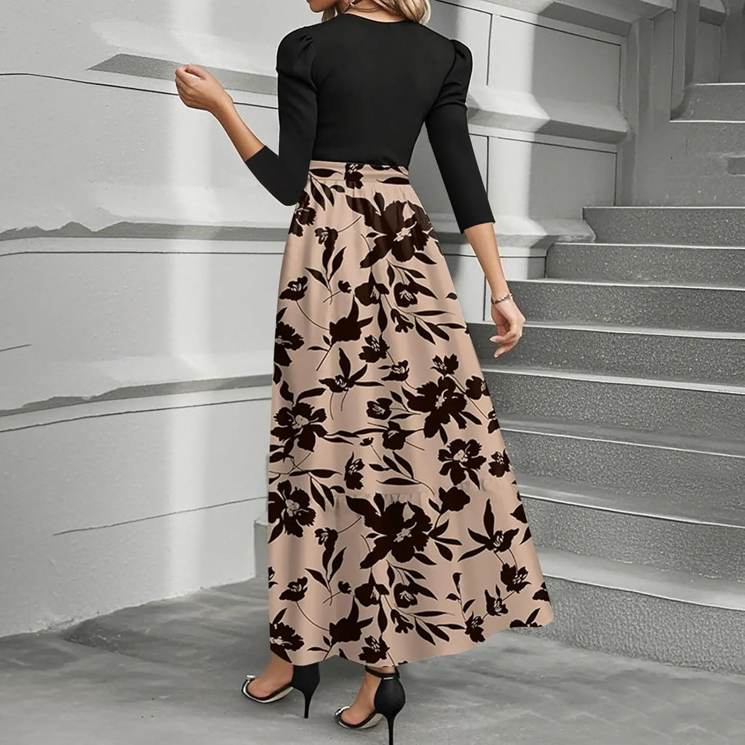 Summer Dresses for Women 2025 Elegant Classy 3/4 Length Sleeve Patchwork Flowy A Line Work Dresses Wedding Guest Wrap