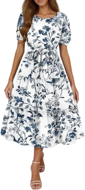 Summer Dresses for Women 2025 Short Sleeve Midi Dresses Smocked Flowy Trendy A Line Dress Casual Elegant Floral Dress