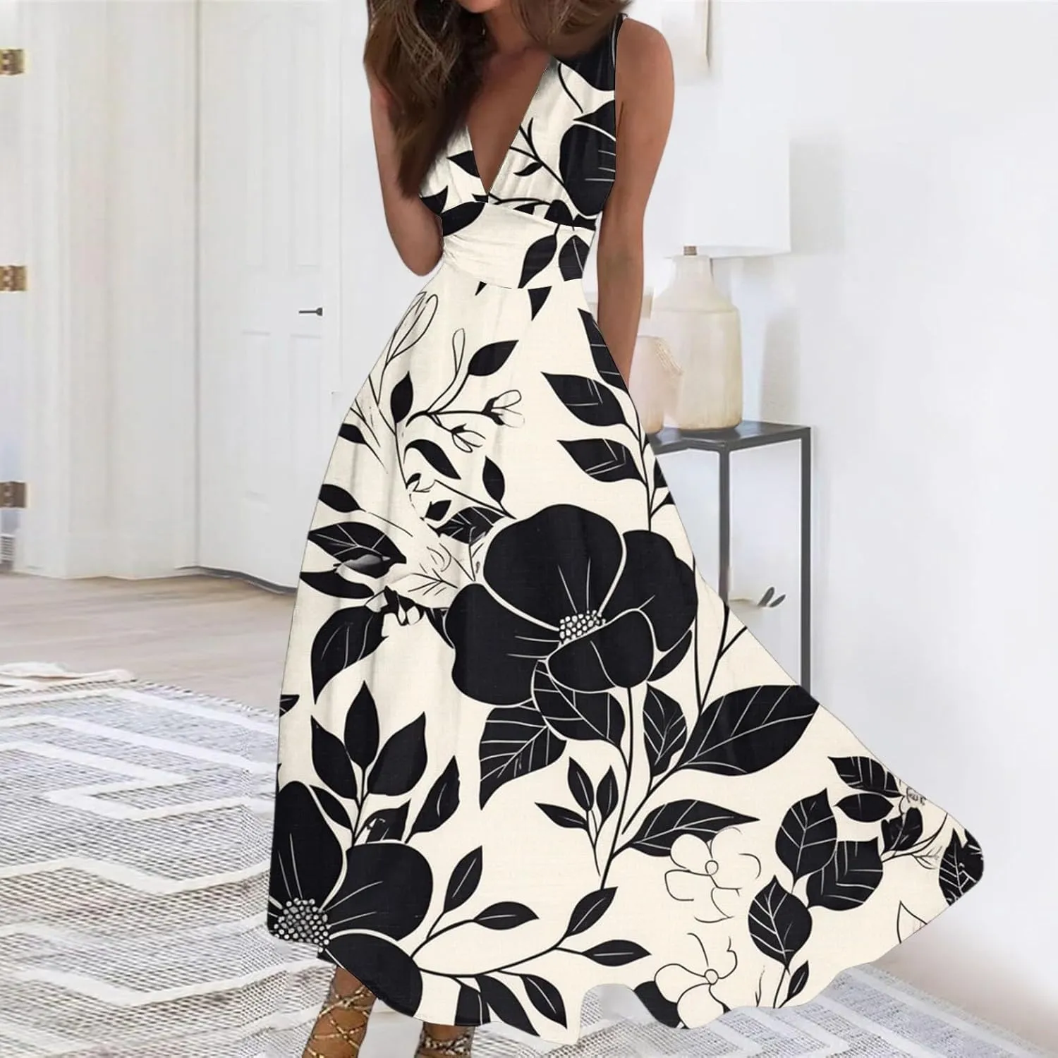 Summer Maxi Dresses for Women 2025 Trendy Elegant Sleeveless Deep V Neck Wrap Sundresses Boho Beach Flowy Long Dress