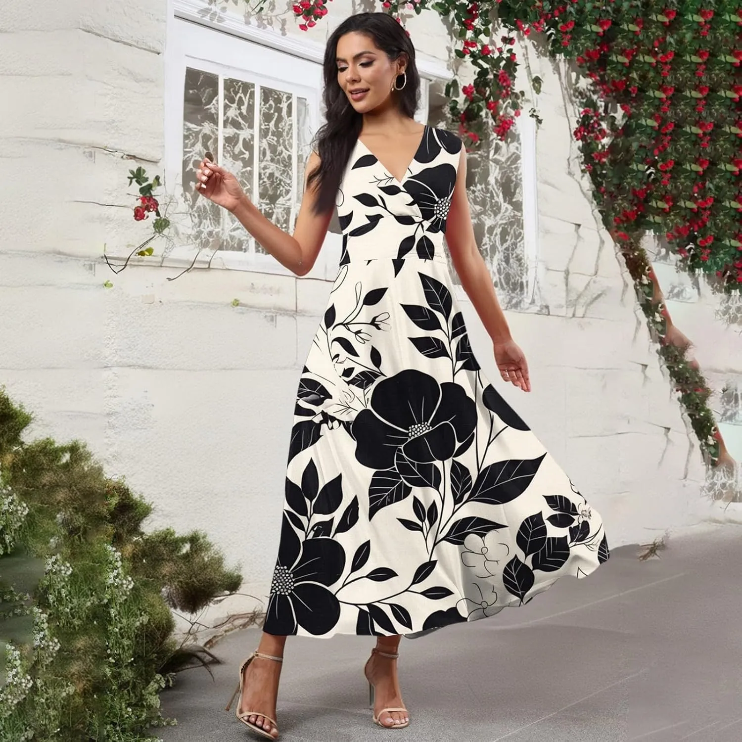 Summer Maxi Dresses for Women 2025 Trendy Elegant Sleeveless Deep V Neck Wrap Sundresses Boho Beach Flowy Long Dress