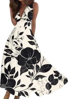 Summer Maxi Dresses for Women 2025 Trendy Elegant Sleeveless Deep V Neck Wrap Sundresses Boho Beach Flowy Long Dress