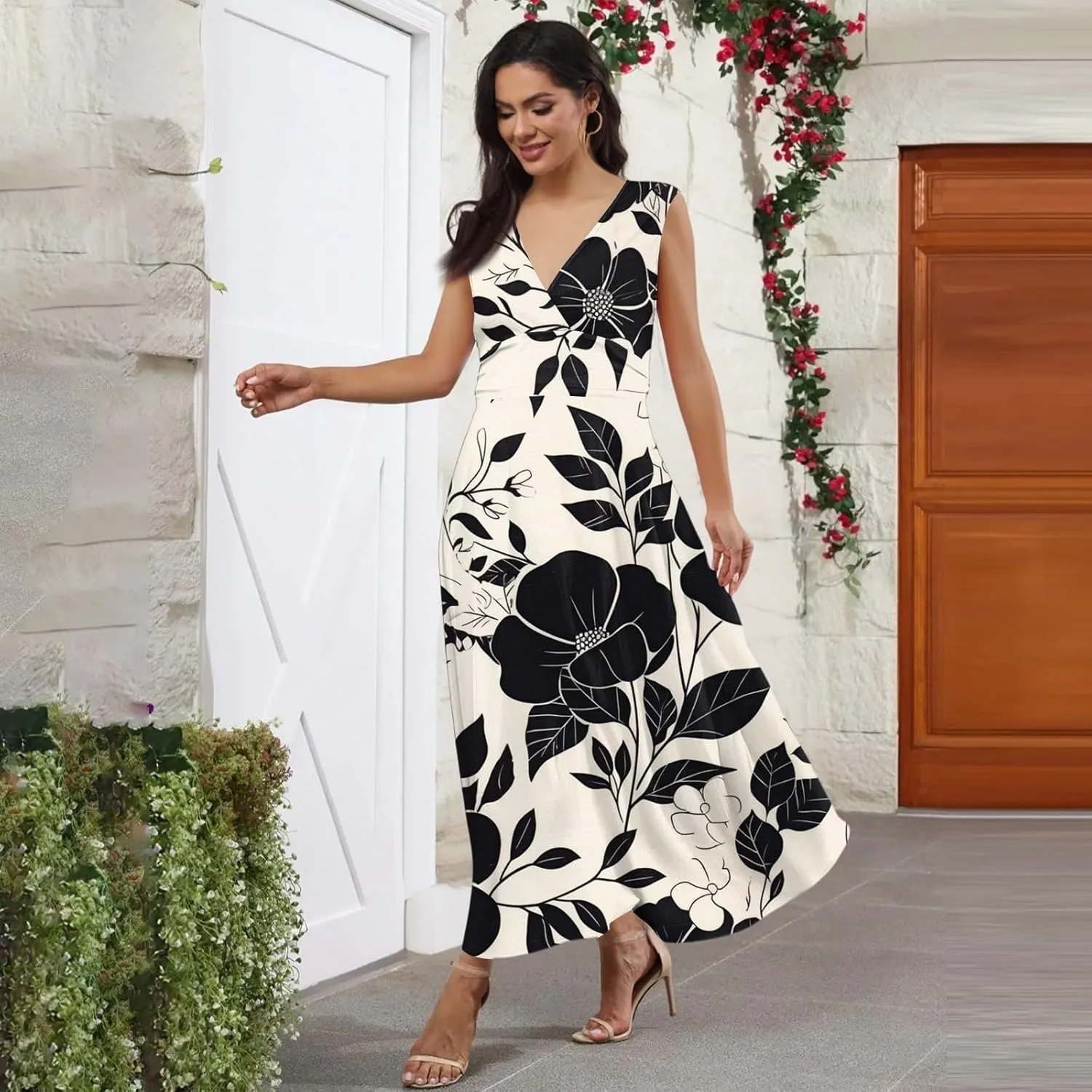 Summer Maxi Dresses for Women 2025 Trendy Elegant Sleeveless Deep V Neck Wrap Sundresses Boho Beach Flowy Long Dress