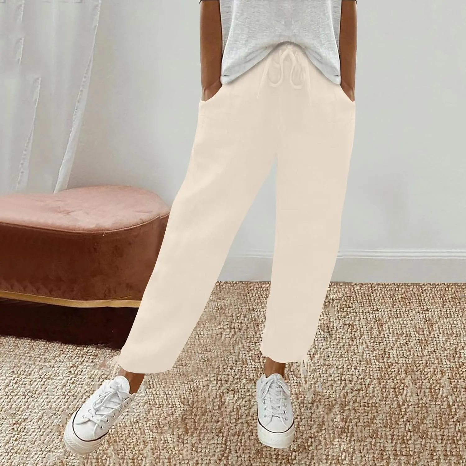 Women Linen Pants Pants Drawstring Striped with Pockets- Trousers Trendy Lounge Sweat Wide Leg Gauze for Women