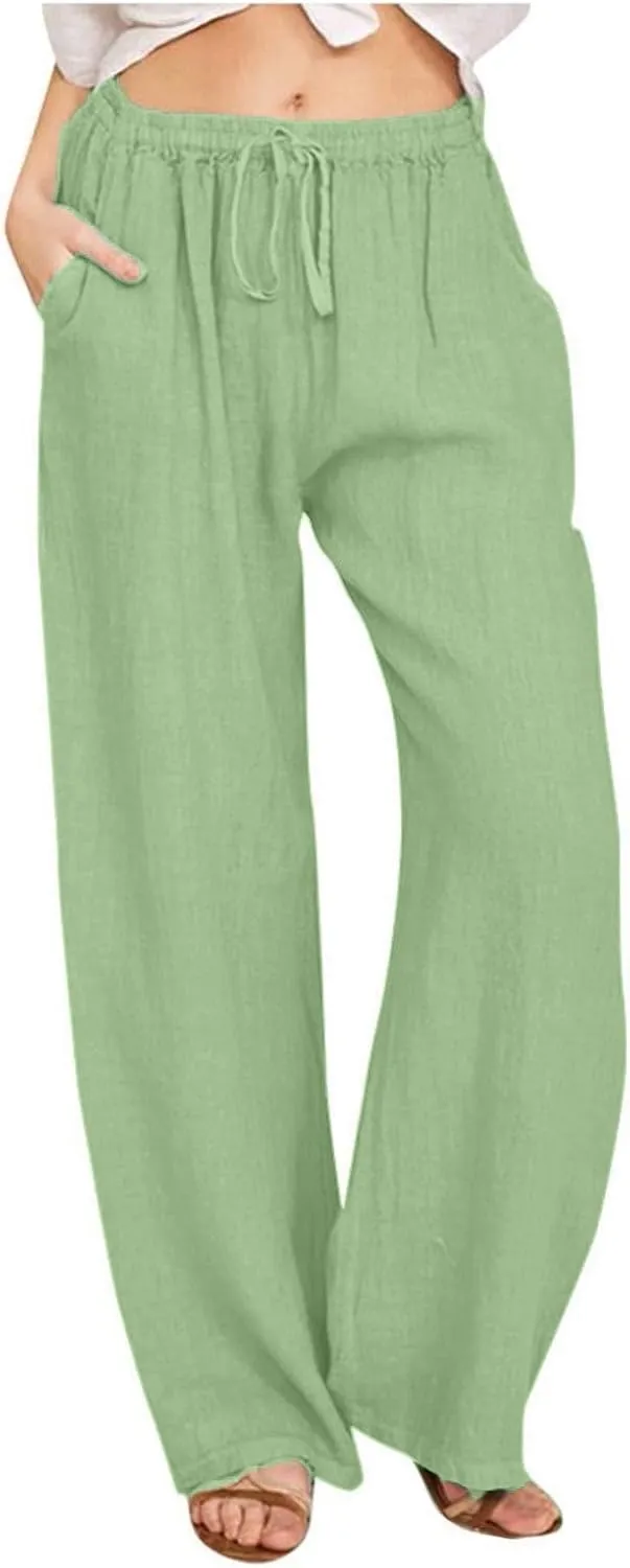 Women Summer Wide Leg Pants Drawstring Elastic High Waisted Lounge Pants Beach Casual Trousers with Pockets