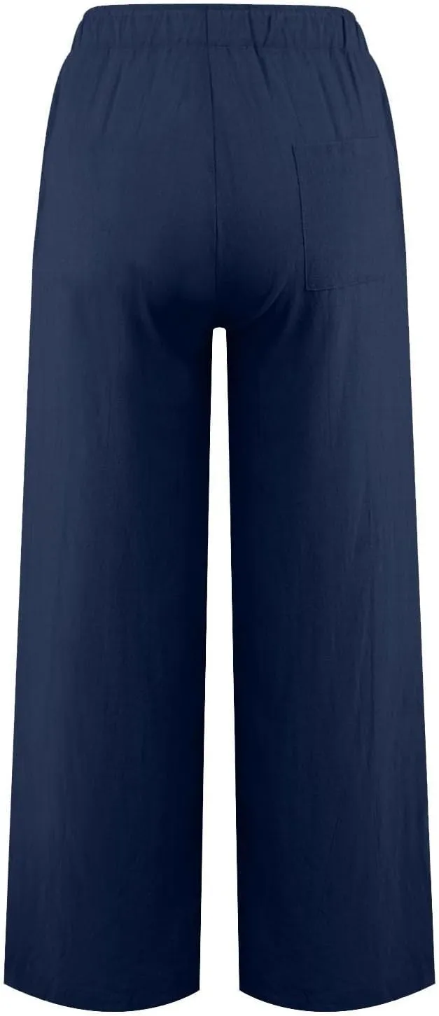 Women Summer Wide Leg Pants Drawstring Elastic High Waisted Lounge Pants Beach Casual Trousers with Pockets
