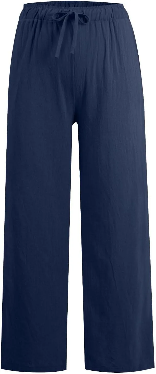 Women Summer Wide Leg Pants Drawstring Elastic High Waisted Lounge Pants Beach Casual Trousers with Pockets