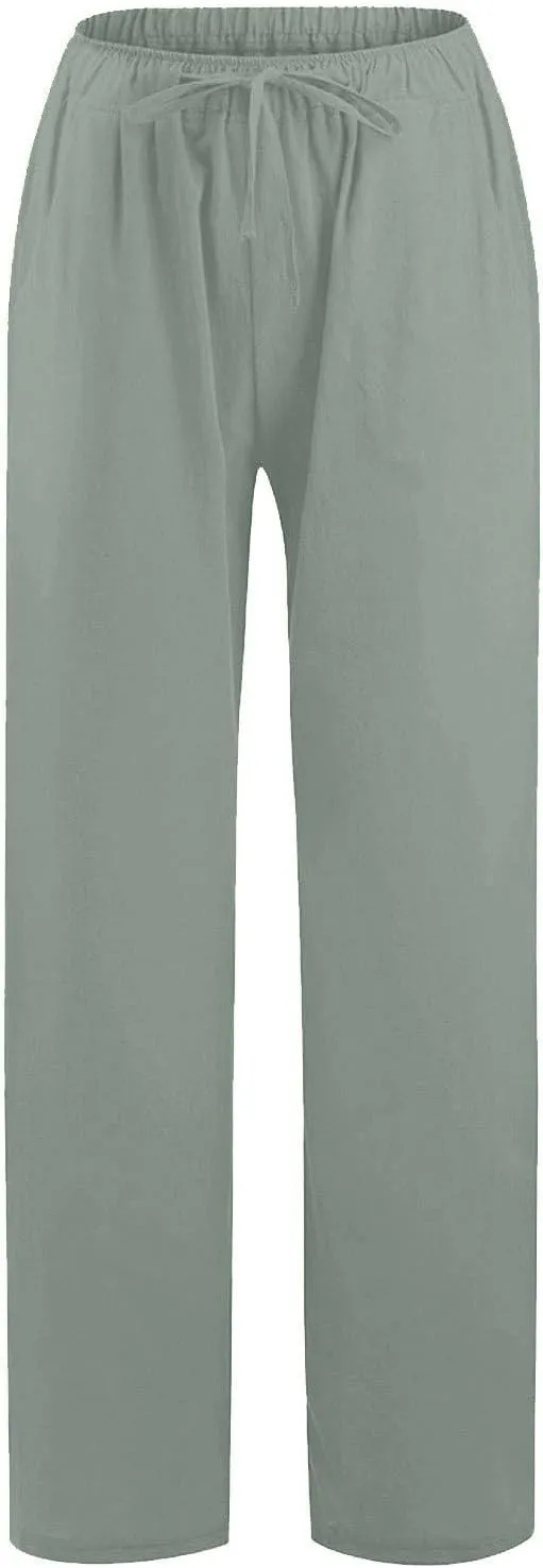 Women Summer Wide Leg Pants Drawstring Elastic High Waisted Lounge Pants Beach Casual Trousers with Pockets