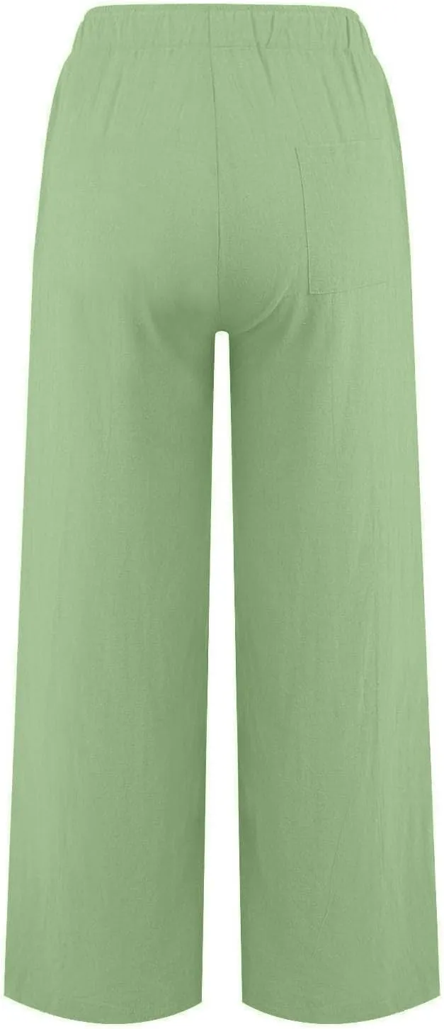 Women Summer Wide Leg Pants Drawstring Elastic High Waisted Lounge Pants Beach Casual Trousers with Pockets