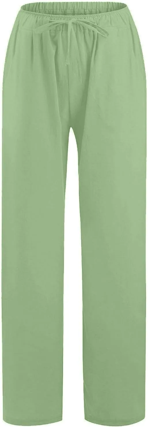 Women Summer Wide Leg Pants Drawstring Elastic High Waisted Lounge Pants Beach Casual Trousers with Pockets