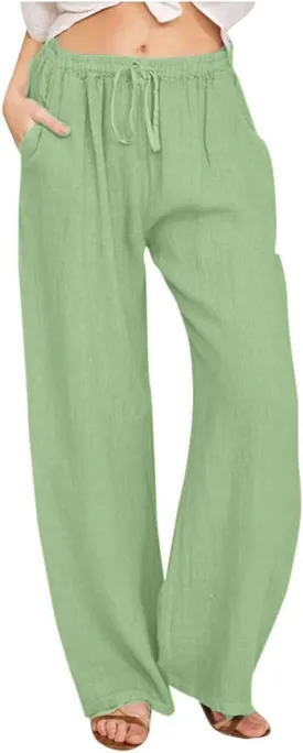 Women Summer Wide Leg Pants Drawstring Elastic High Waisted Lounge Pants Beach Casual Trousers with Pockets
