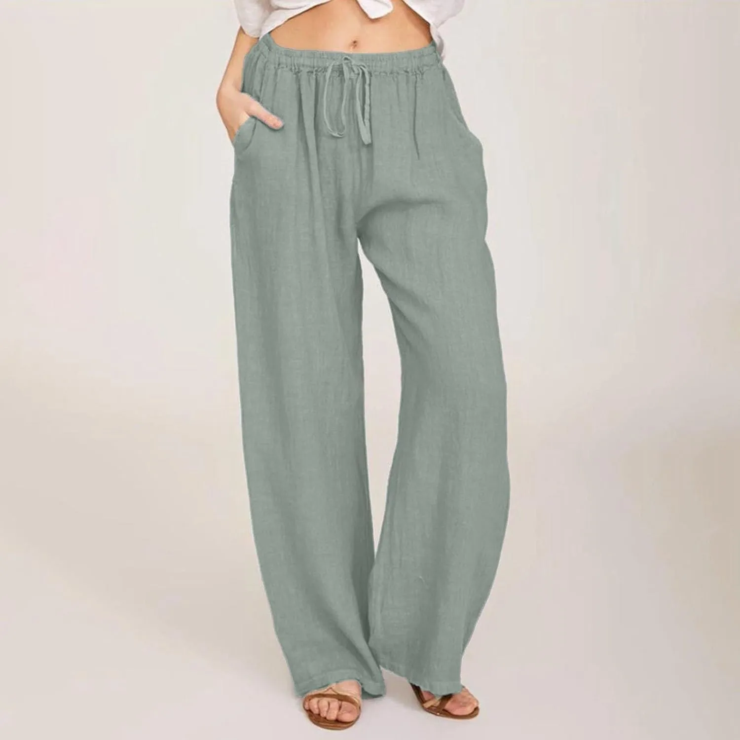 Women Summer Wide Leg Pants Drawstring Elastic High Waisted Lounge Pants Beach Casual Trousers with Pockets