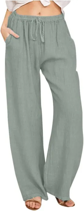 Women Summer Wide Leg Pants Drawstring Elastic High Waisted Lounge Pants Beach Casual Trousers with Pockets