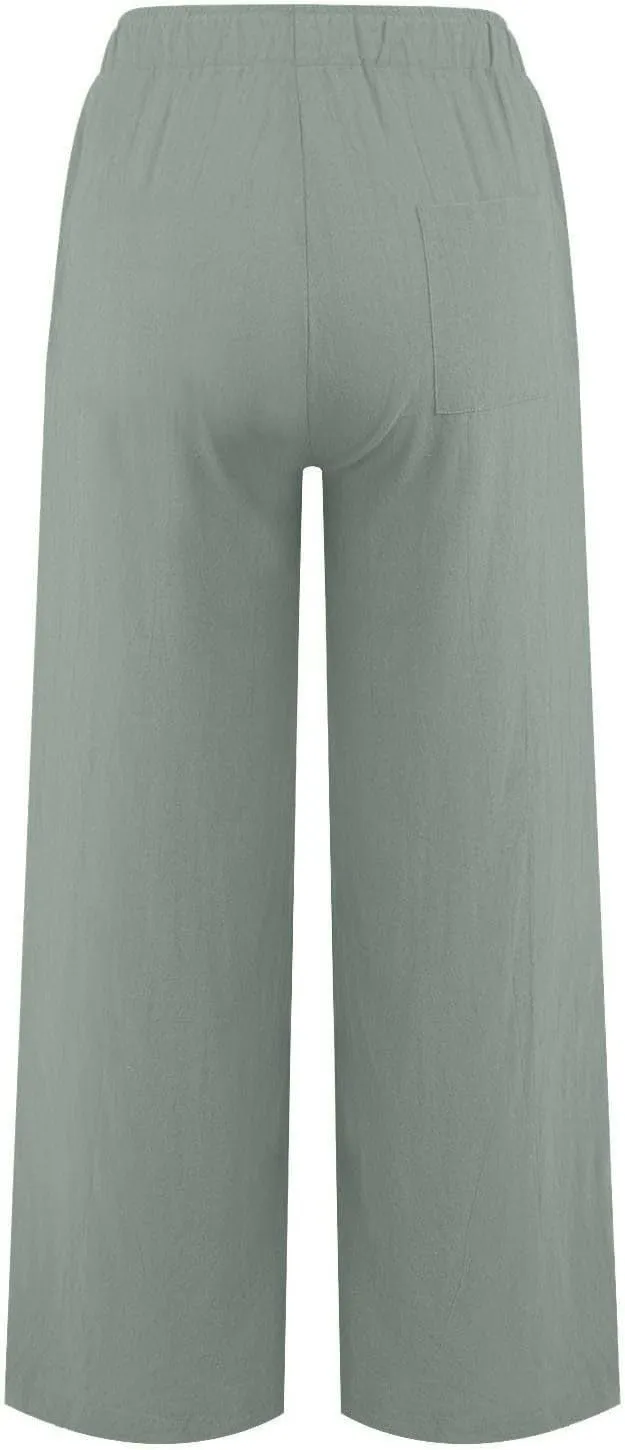Women Summer Wide Leg Pants Drawstring Elastic High Waisted Lounge Pants Beach Casual Trousers with Pockets
