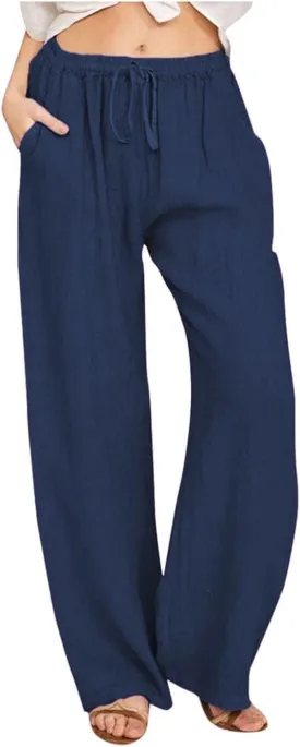 Women Summer Wide Leg Pants Drawstring Elastic High Waisted Lounge Pants Beach Casual Trousers with Pockets