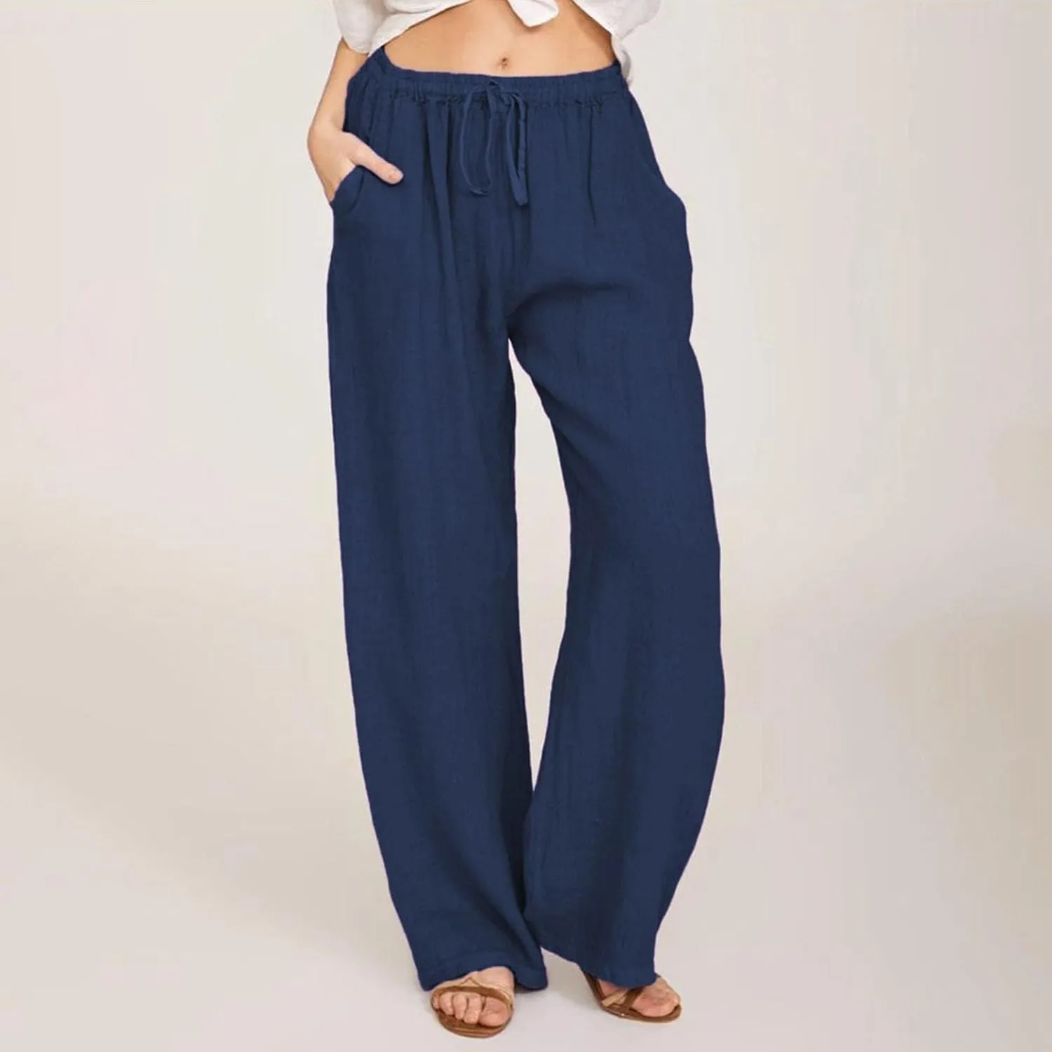 Women Summer Wide Leg Pants Drawstring Elastic High Waisted Lounge Pants Beach Casual Trousers with Pockets