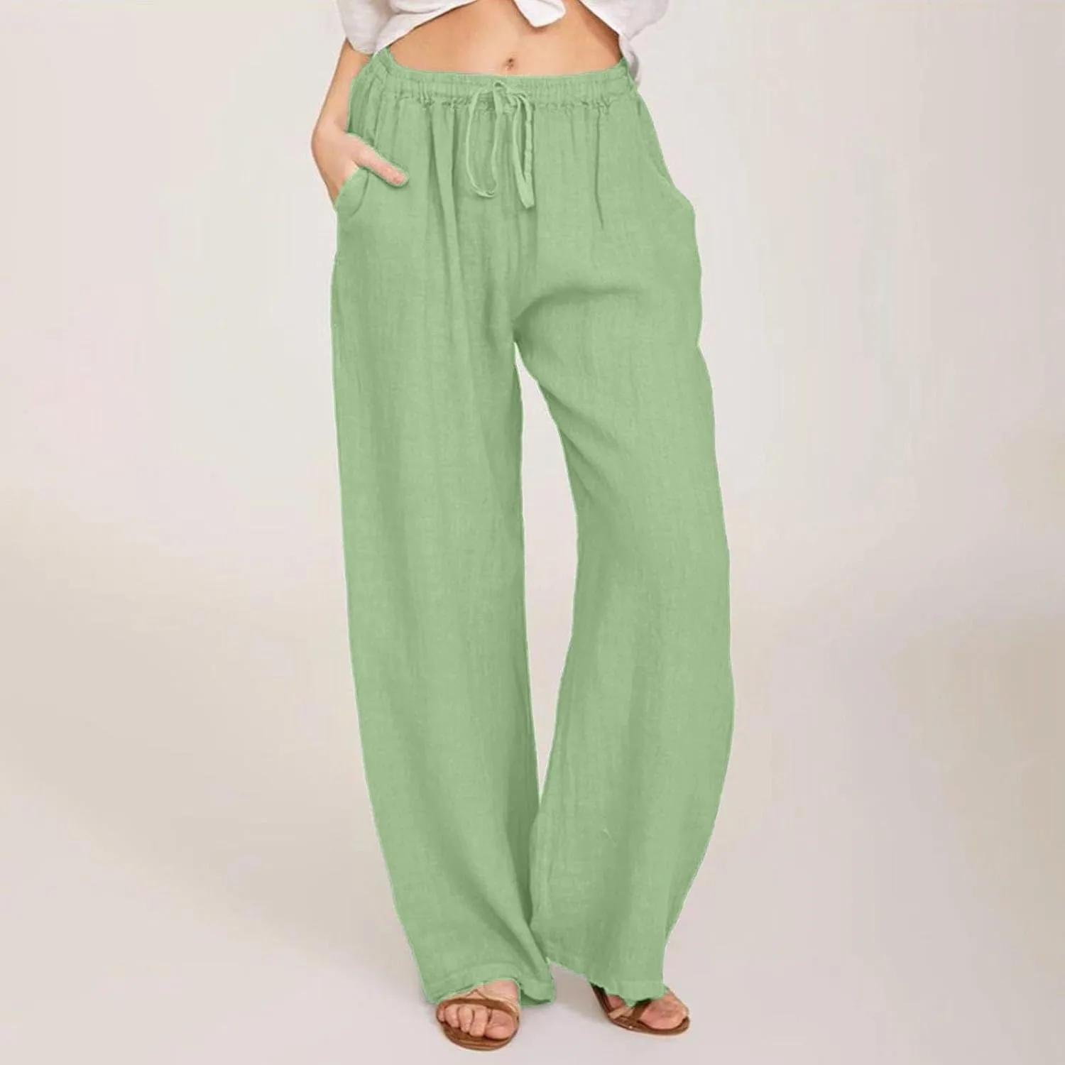 Women Summer Wide Leg Pants Drawstring Elastic High Waisted Lounge Pants Beach Casual Trousers with Pockets