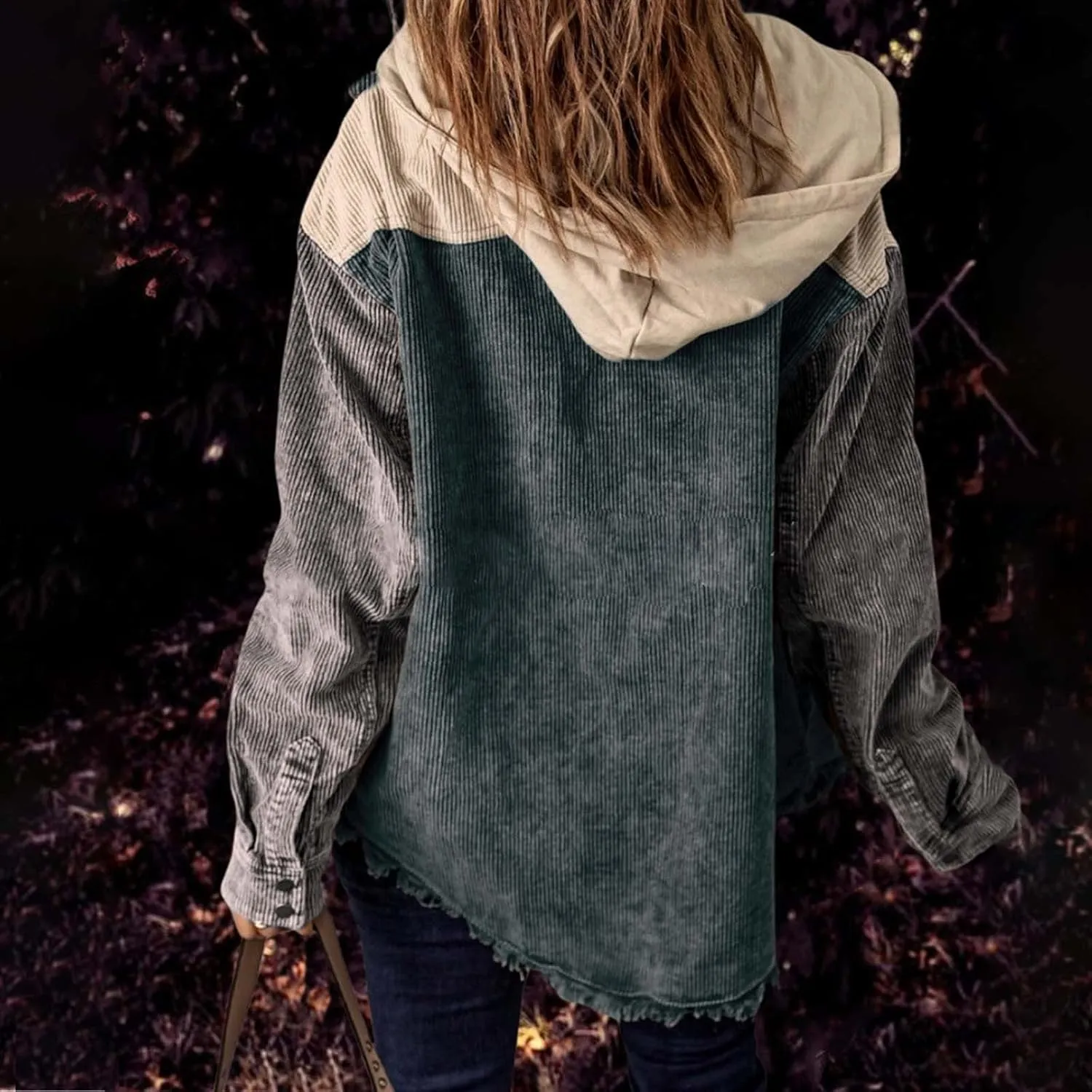 Women's Casual Corduroy Button Down Hooded Color Block Shirts Shackets Jacket Fall Winter Long Sleeve Coat Outwear