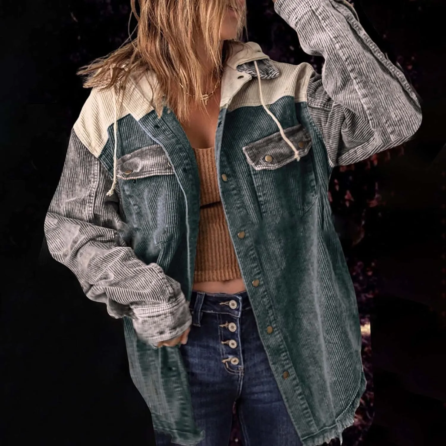 Women's Casual Corduroy Button Down Hooded Color Block Shirts Shackets Jacket Fall Winter Long Sleeve Coat Outwear