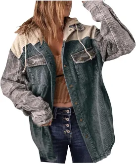 Women's Casual Corduroy Button Down Hooded Color Block Shirts Shackets Jacket Fall Winter Long Sleeve Coat Outwear
