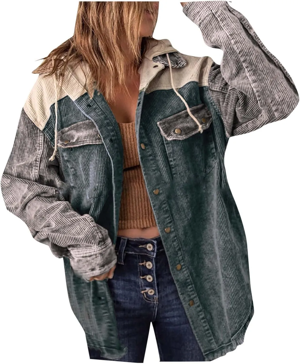 Women's Casual Corduroy Button Down Hooded Color Block Shirts Shackets Jacket Fall Winter Long Sleeve Coat Outwear