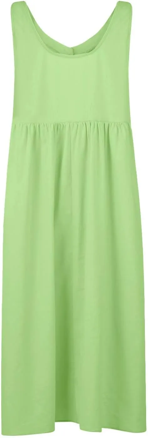 Womens Cotton Linen Sleeveless V Neck Midi Summer Dresses Casual Loose Tank Dress Solid Pleated Beach Sundresses