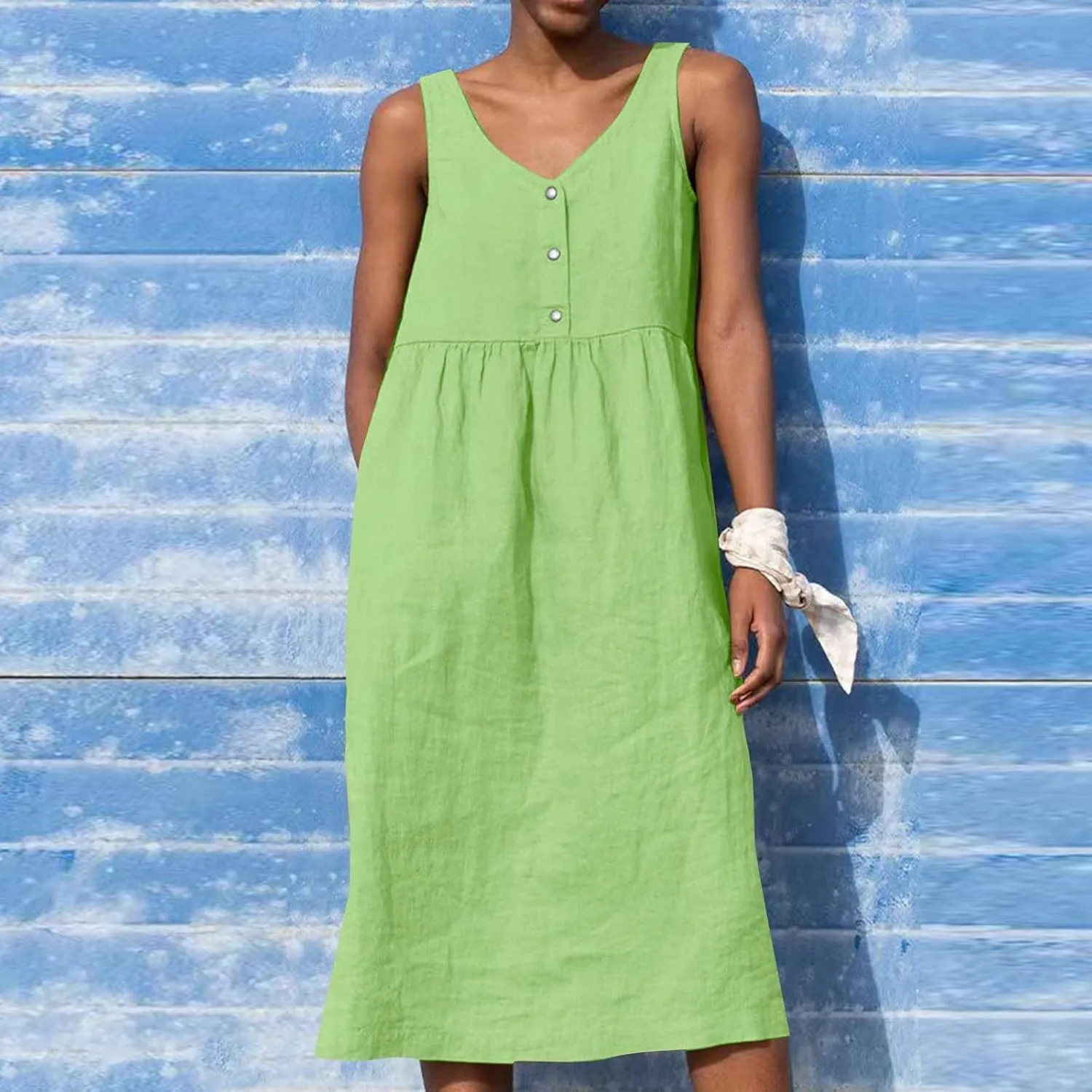 Womens Cotton Linen Sleeveless V Neck Midi Summer Dresses Casual Loose Tank Dress Solid Pleated Beach Sundresses