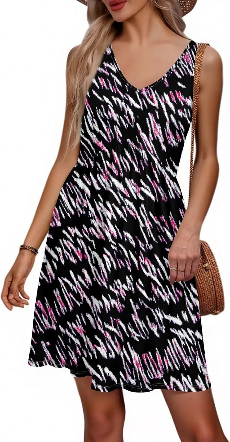Womens Summer Dress 2025 Beach Vacation Loose V Neck Sleeveless Sundresses with Pockets Floral Tank Dresses