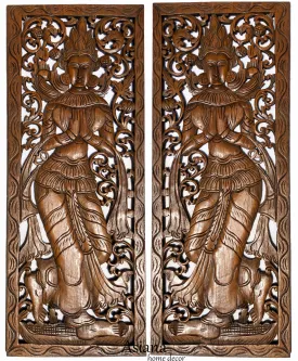 Wood Carved Wall Art. Large Carved Wood Panel. Thai Decorative Wood Panel. Wood Wall Sculpture. Asian Bali Home Decor. Lotus Flower Wall Decor. Dark Brown Finish 35.5"x13.5"x0.5" Set of 2