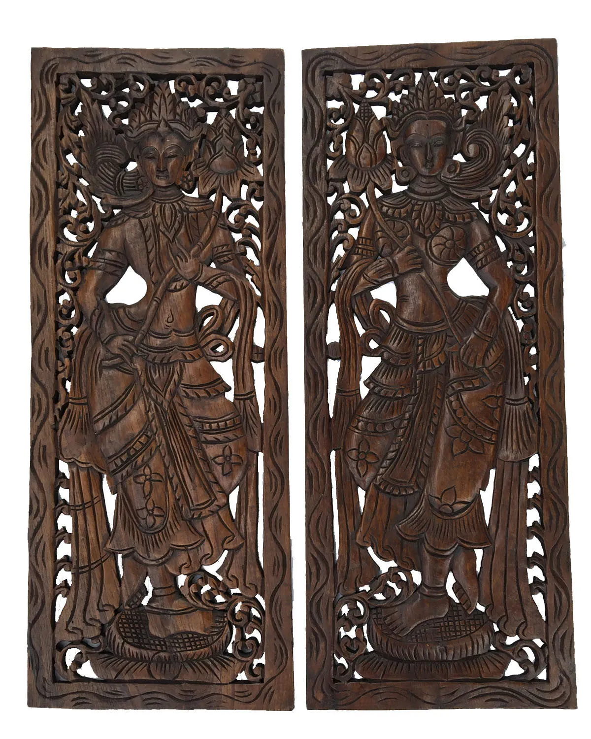 Wood Carved Wall Art. Large Carved Wood Panel. Thai Decorative Wood Panel. Wood Wall Sculpture. Asian Bali Home Decor. Lotus Flower Wall Decor. Dark Brown Finish 35.5"x13.5"x0.5" Set of 2