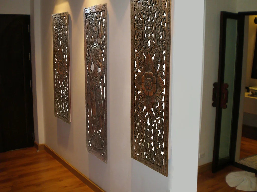 Wood Carved Wall Art. Large Carved Wood Panel. Thai Decorative Wood Panel. Wood Wall Sculpture. Asian Bali Home Decor. Lotus Flower Wall Decor. Dark Brown Finish 35.5"x13.5"x0.5" Set of 2