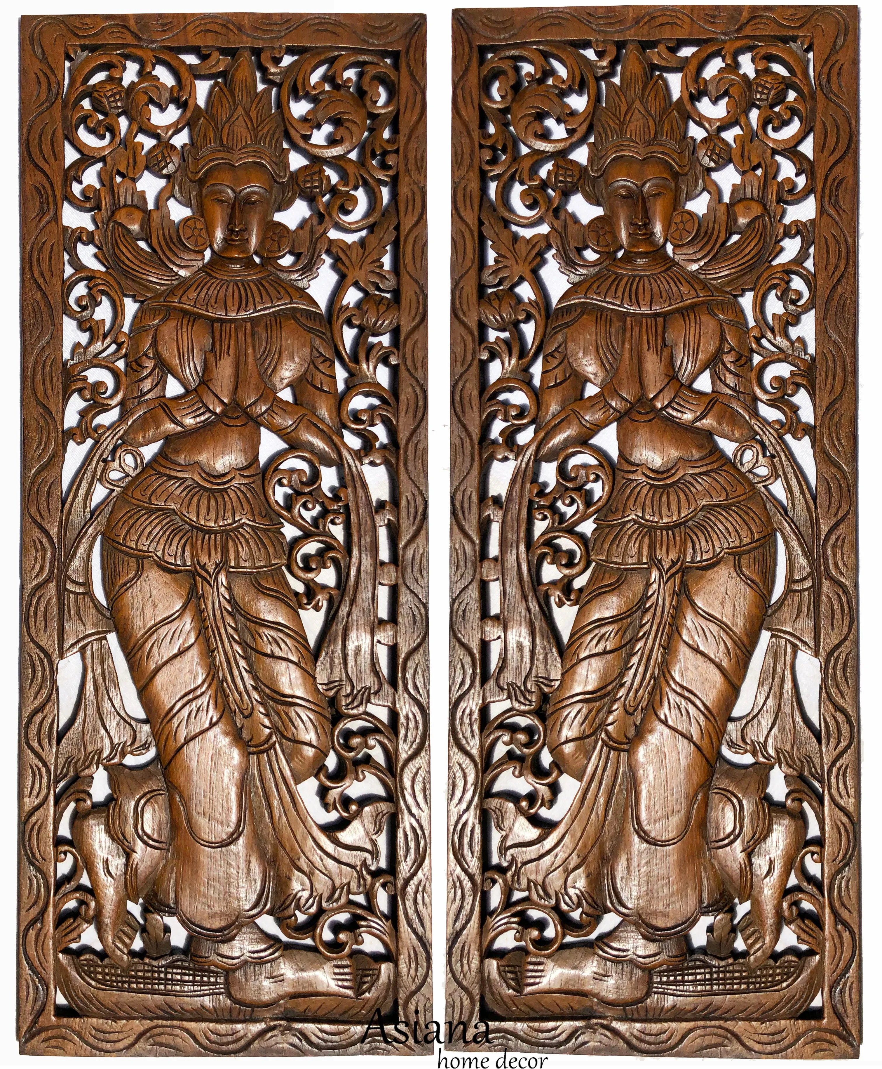 Wood Carved Wall Art. Large Carved Wood Panel. Thai Decorative Wood Panel. Wood Wall Sculpture. Asian Bali Home Decor. Lotus Flower Wall Decor. Dark Brown Finish 35.5"x13.5"x0.5" Set of 2