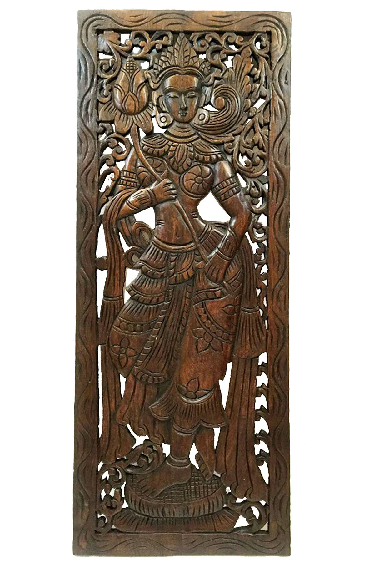 Wood Carved Wall Art. Large Carved Wood Panel. Thai Decorative Wood Panel. Wood Wall Sculpture. Asian Bali Home Decor. Lotus Flower Wall Decor. Dark Brown Finish 35.5"x13.5"x0.5" Set of 2