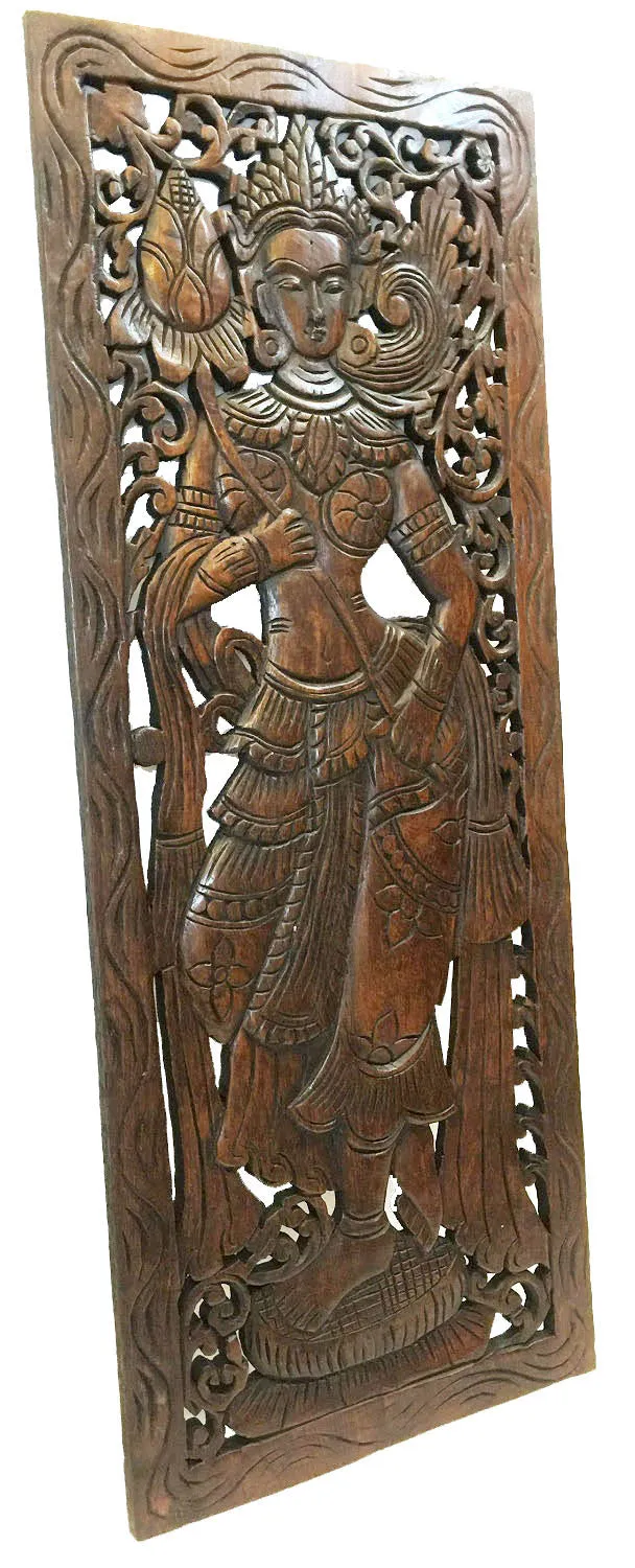 Wood Carved Wall Art. Large Carved Wood Panel. Thai Decorative Wood Panel. Wood Wall Sculpture. Asian Bali Home Decor. Lotus Flower Wall Decor. Dark Brown Finish 35.5"x13.5"x0.5" Set of 2