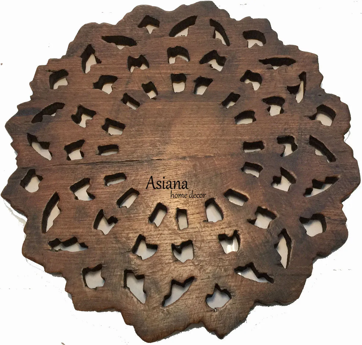 Wood Wall Plaque. Round Floral Wood Carved Panel. Oriental Home Decor. Brown 12"